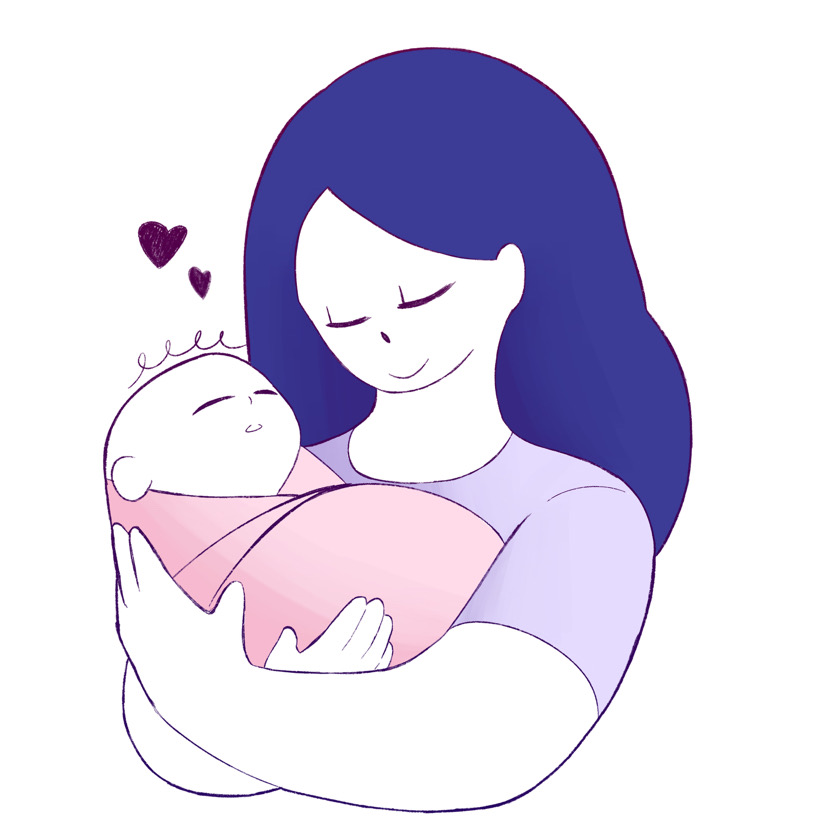 2D art of a woman holding a sleeping baby